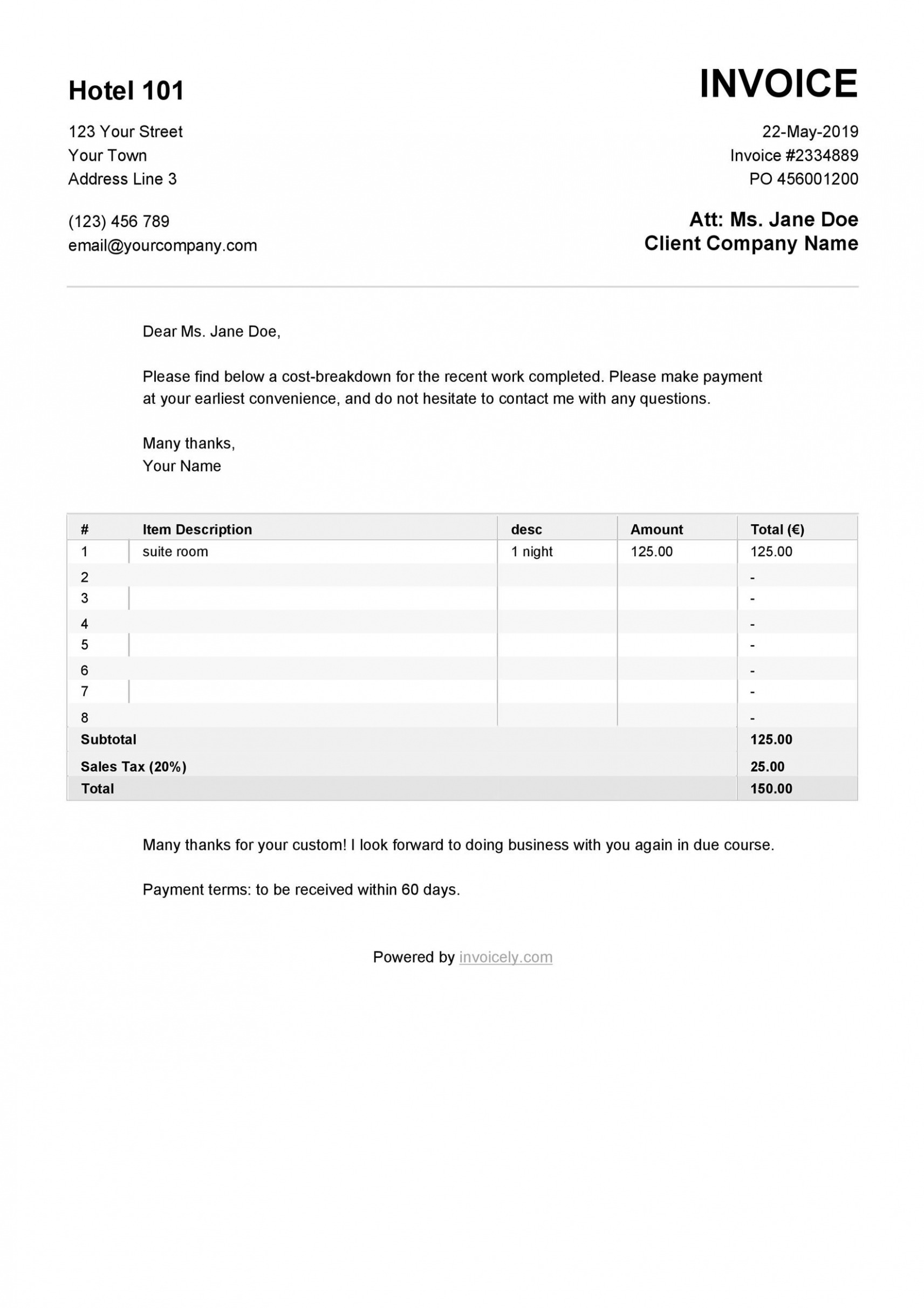 Printable Accommodation Invoice Template PPT