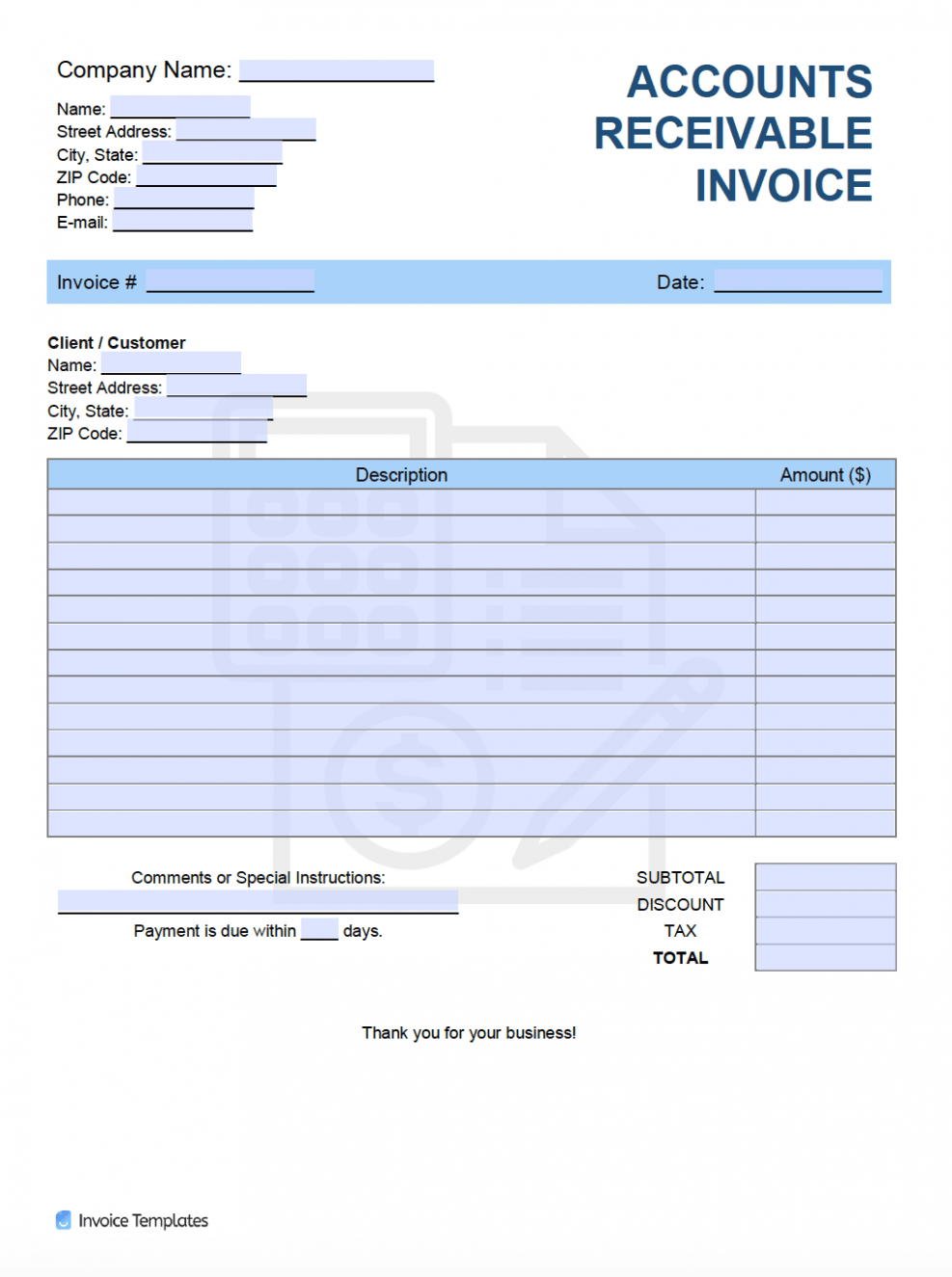 Printable Accounts Receivable Invoice Template Word