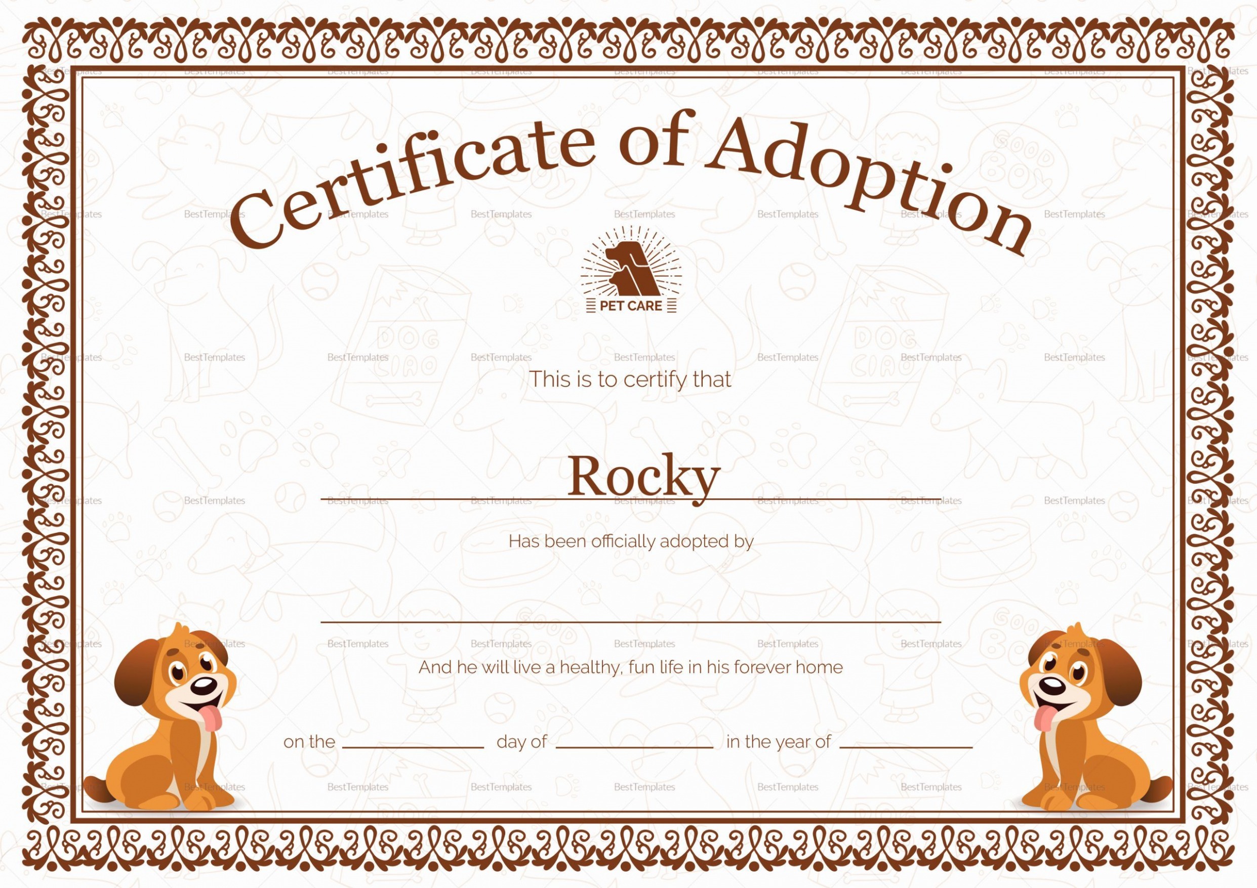 Editable Animal Adoption Certificate Template Word