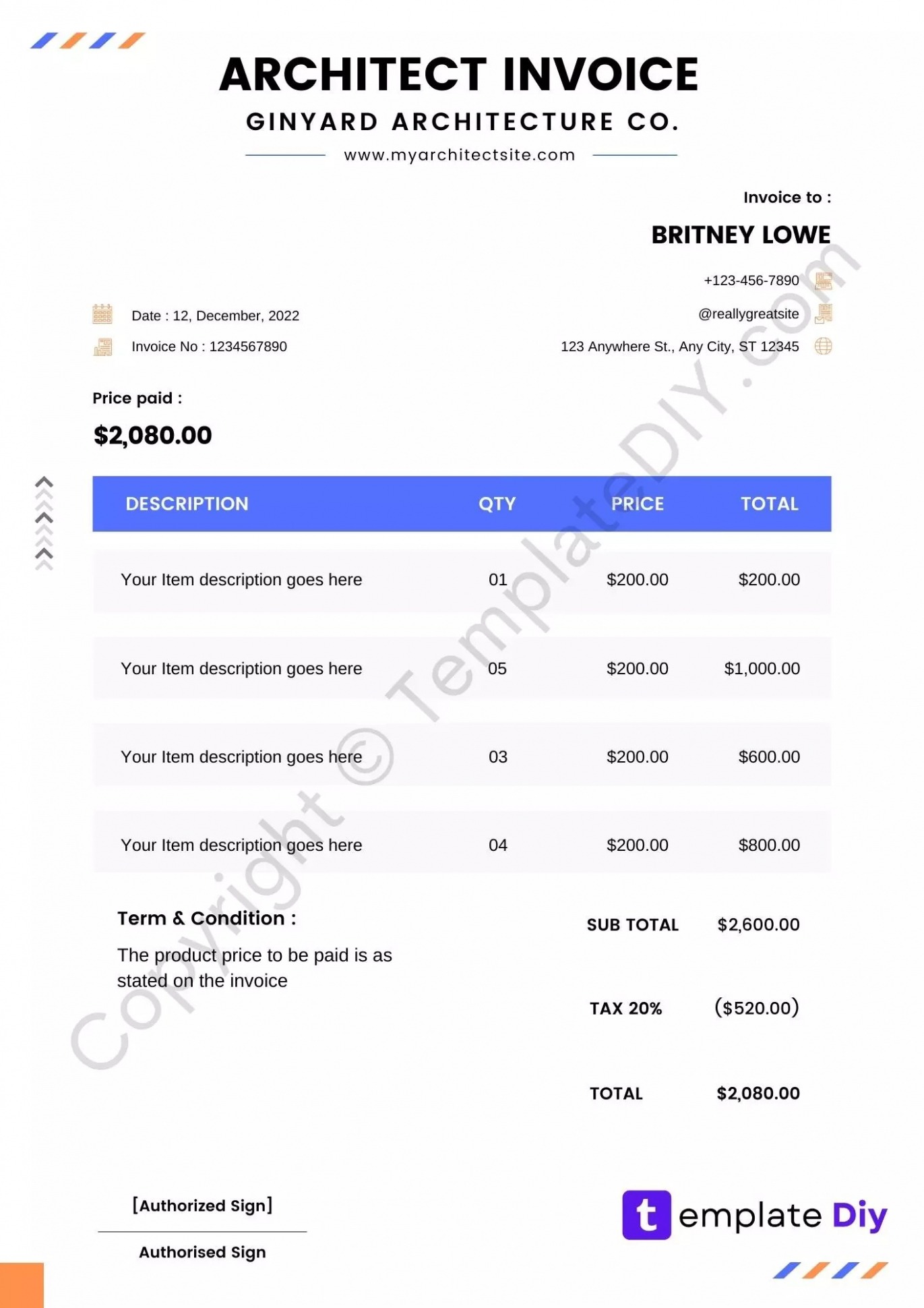 Sample Architect Invoice Template PPT