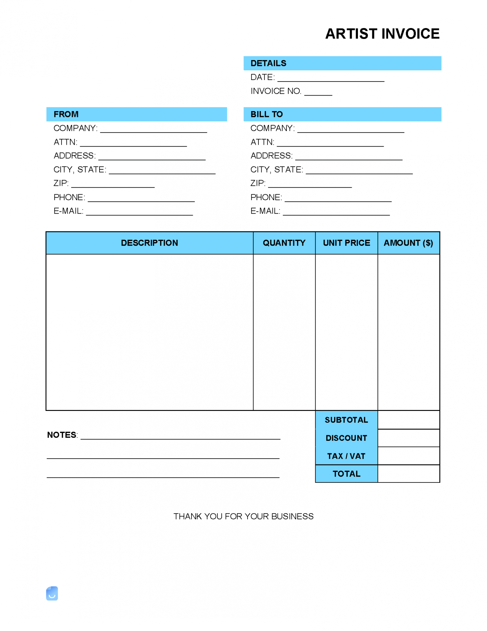 Sample Artists Invoice Template Excel