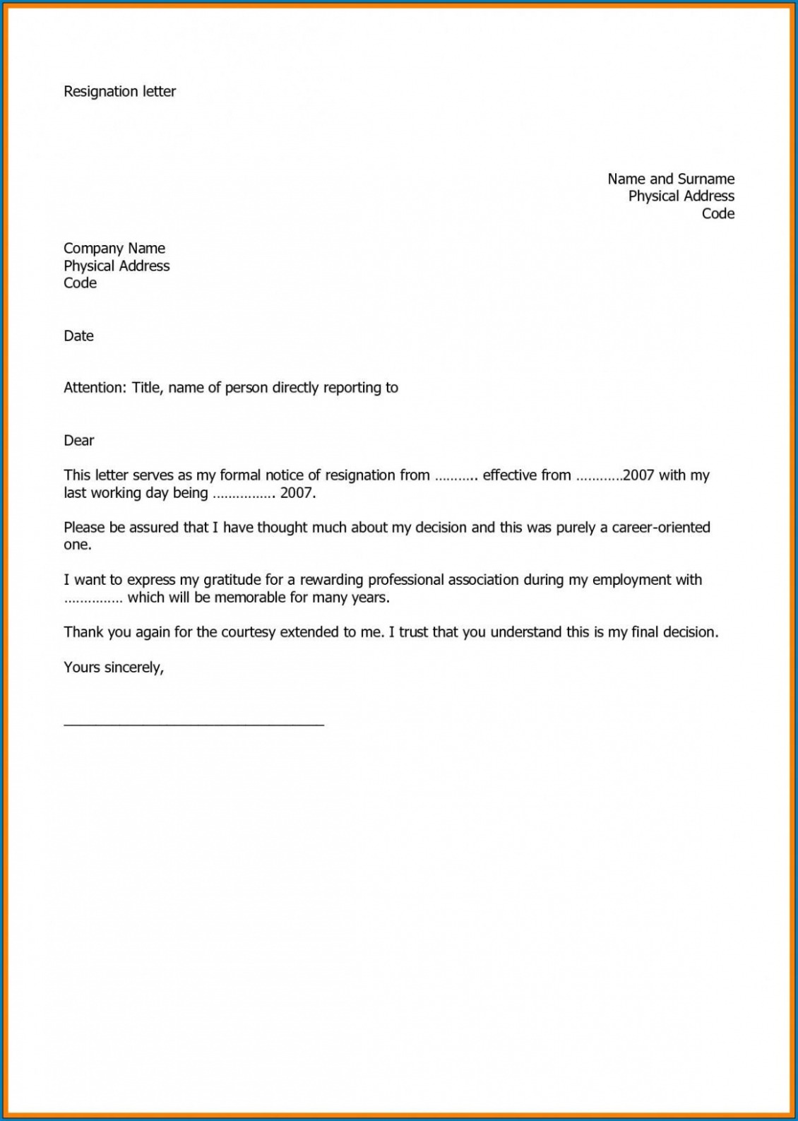Editable At Will Employment Resignation Letter Sample