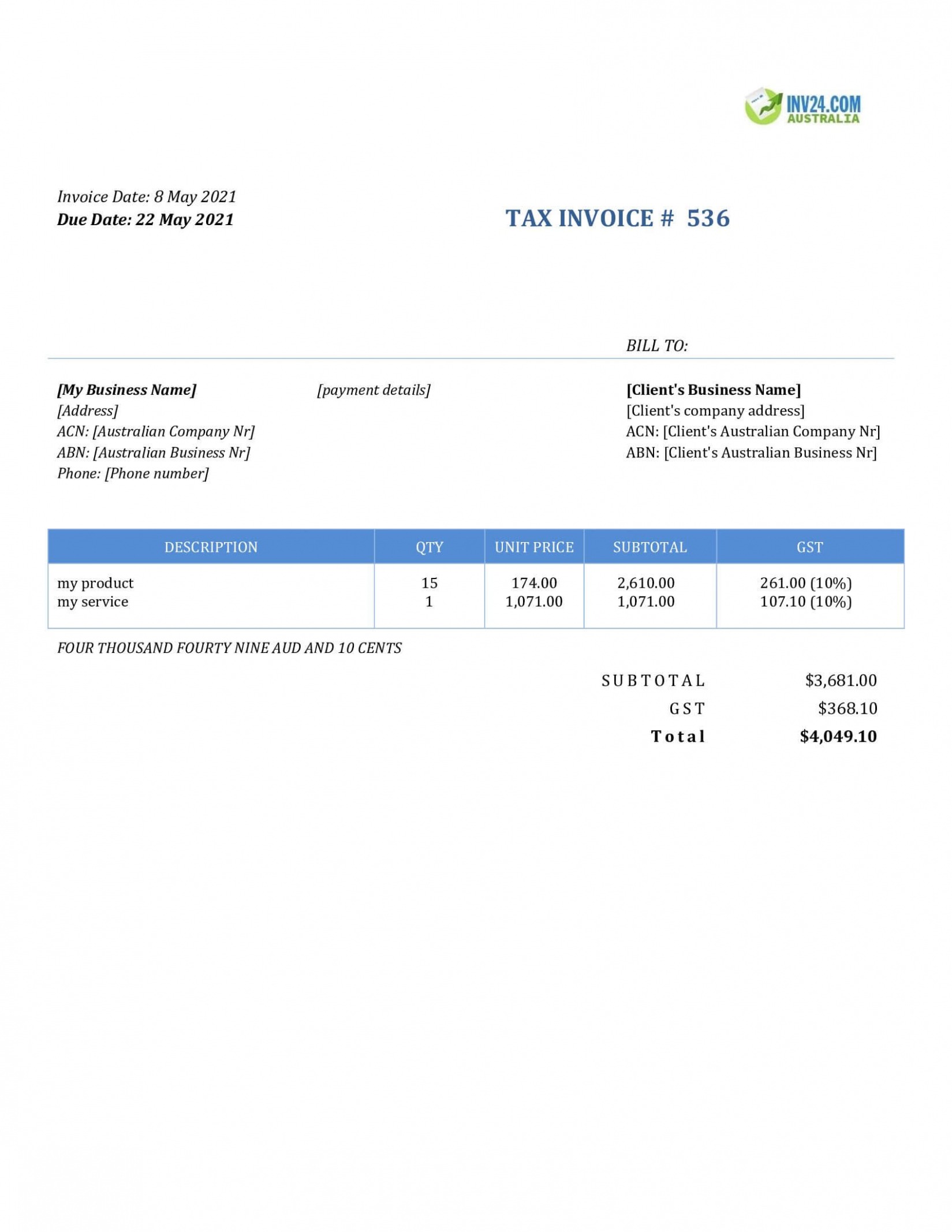 Printable Australian Tax Invoice Template 
