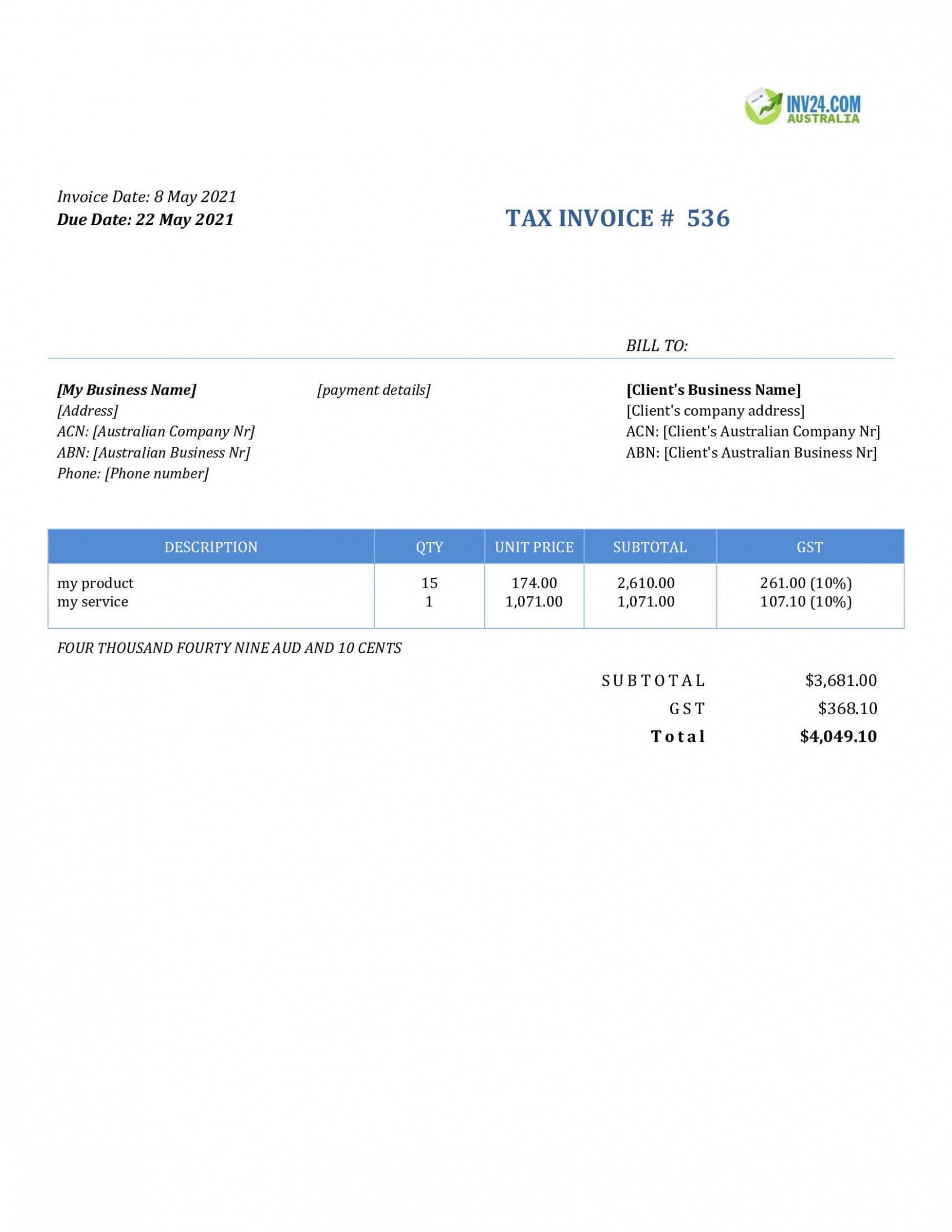 Printable Australian Tax Invoice Template Printable Australian Tax Invoice Template