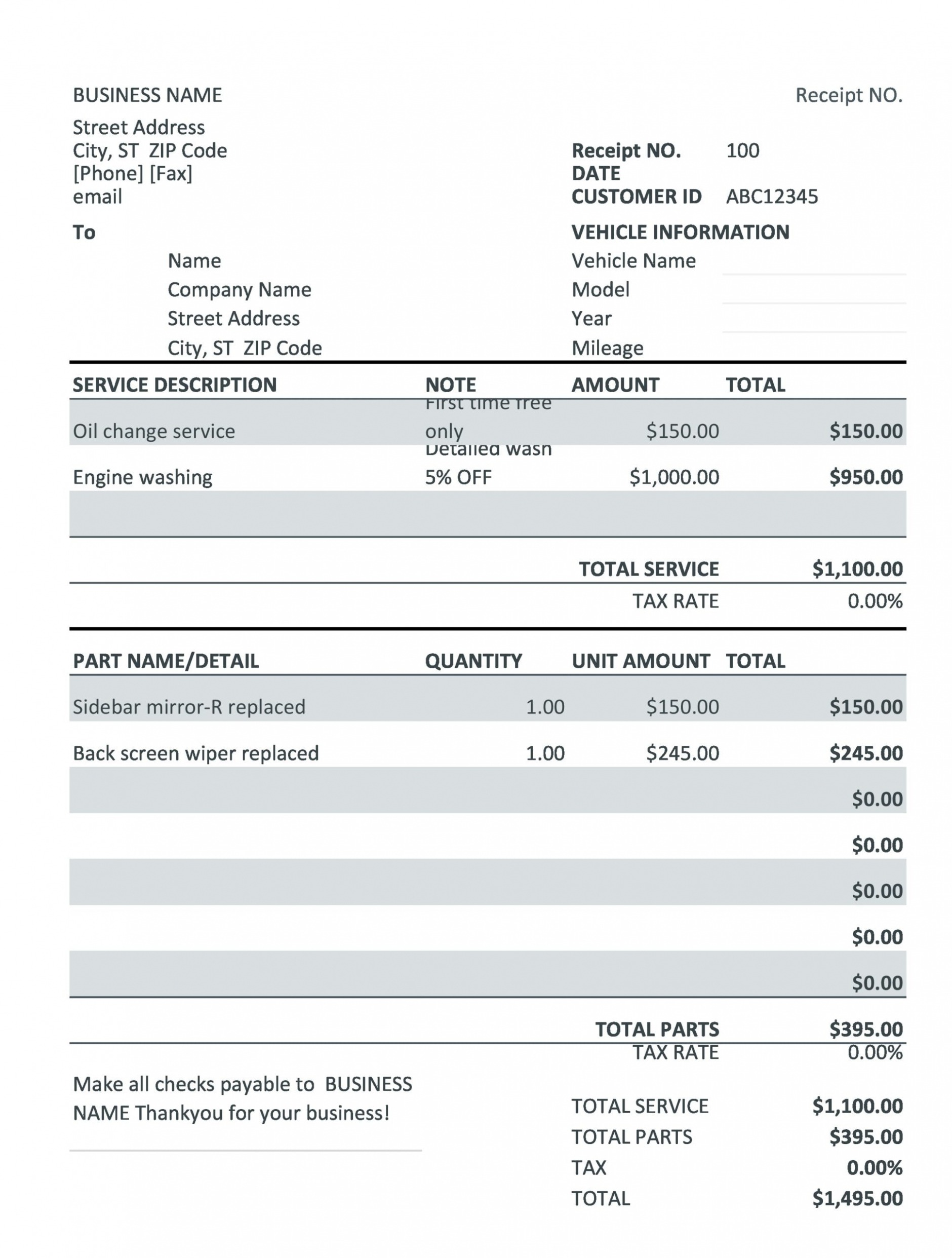 Sample Auto Mechanic Invoice Template Sample