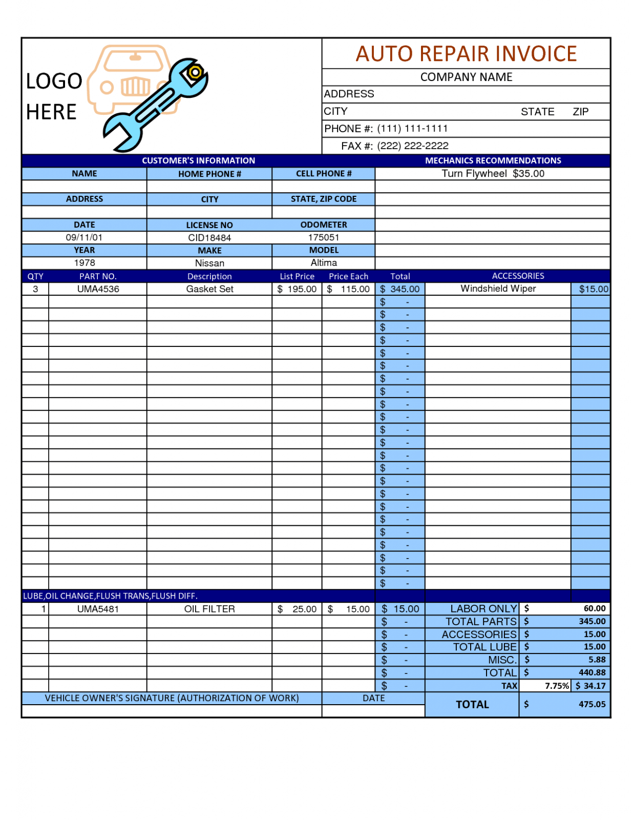 Editable Auto Shop Invoice Template PDF