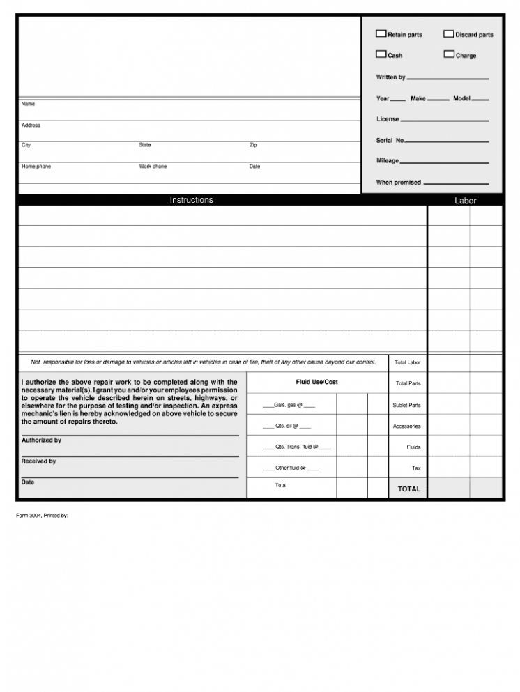 Sample Automotive Repair Work Order Template Excel