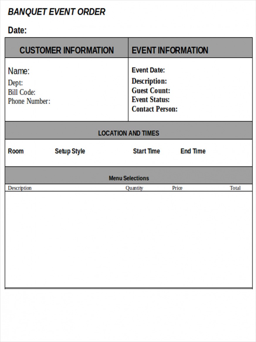Printable Banquet Event Order Template CSV