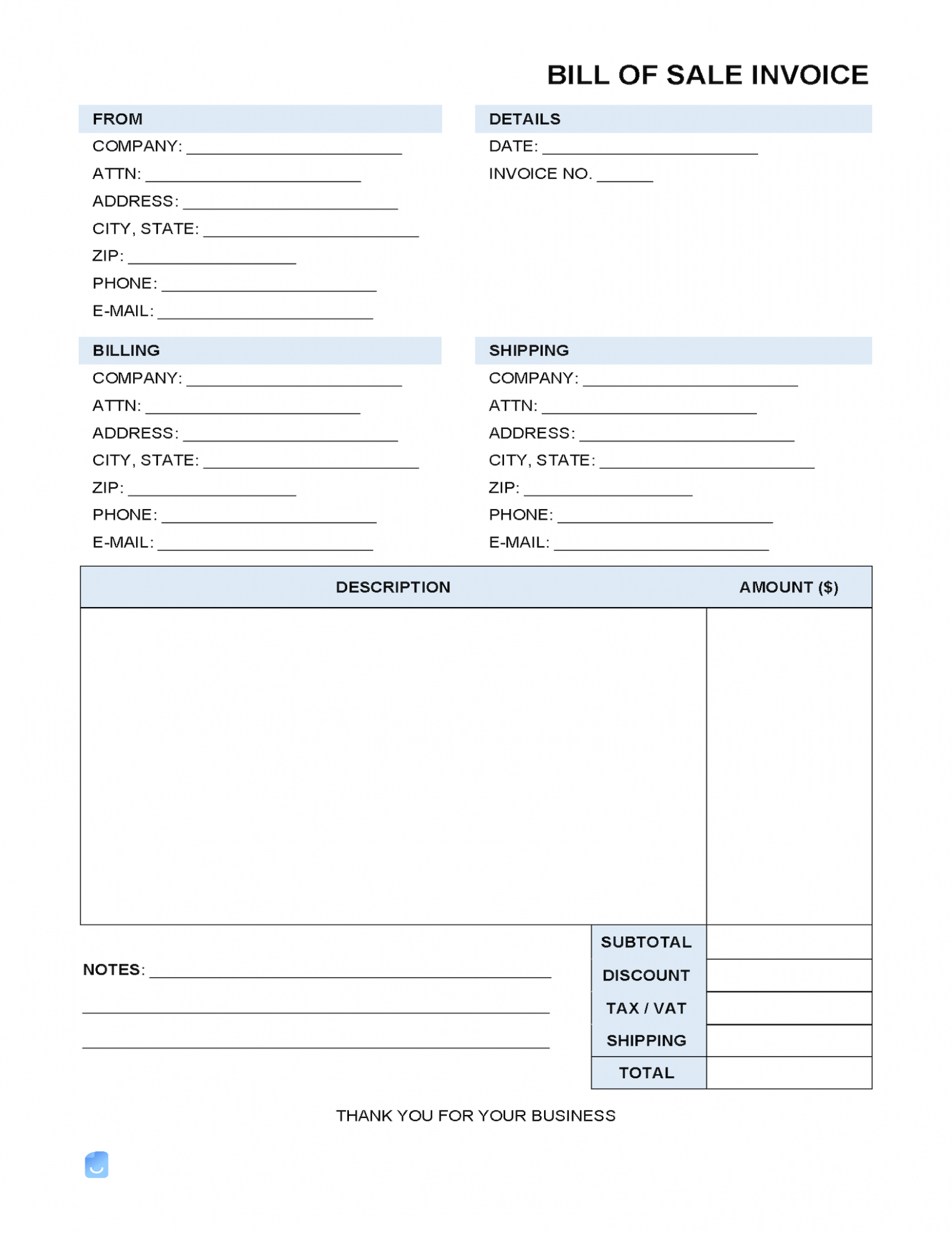 Editable Bill Of Sale Invoice Template PPT