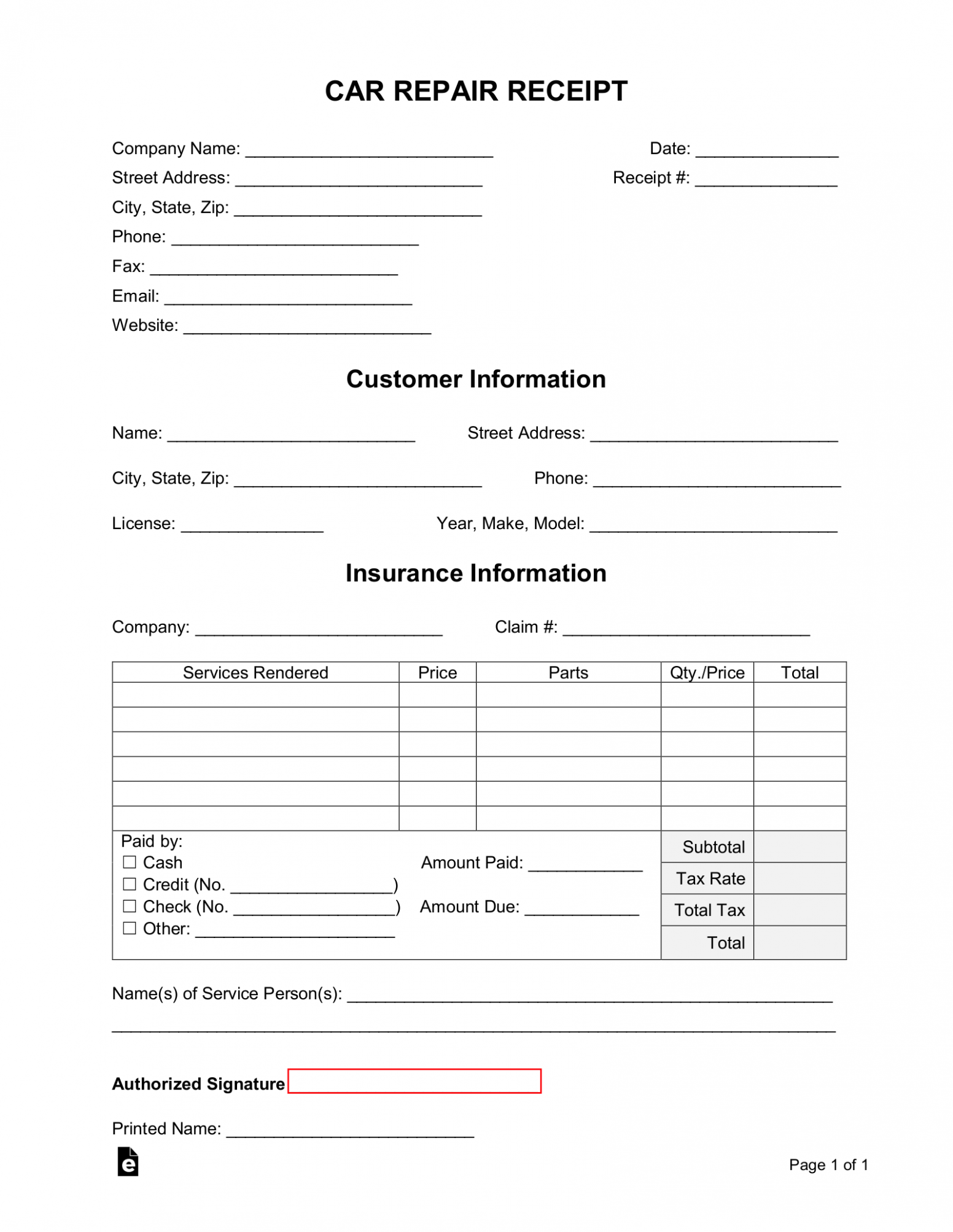 Printable Blank Auto Repair Invoice Template Excel