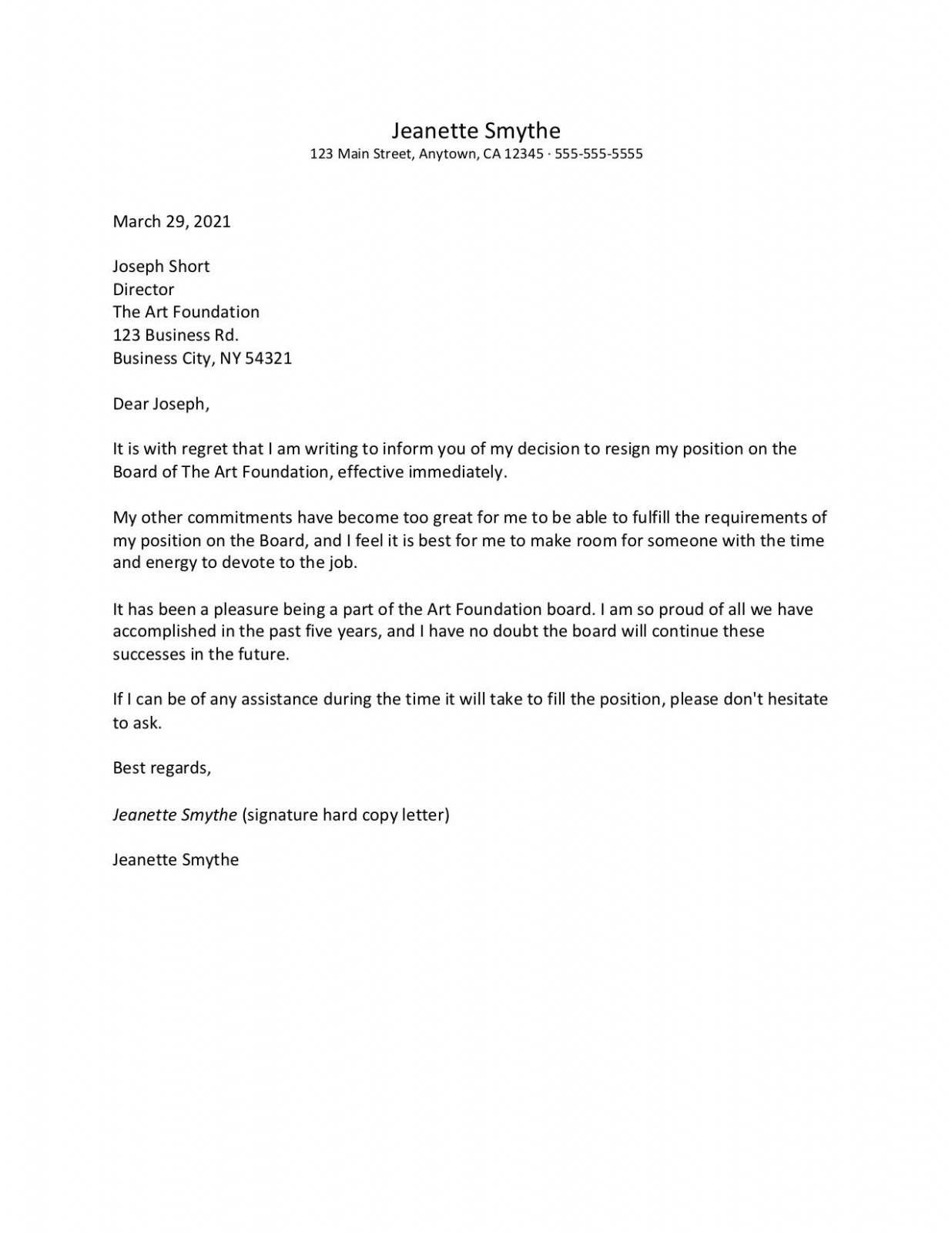 Printable Board Member Resignation Letter Template Doc
