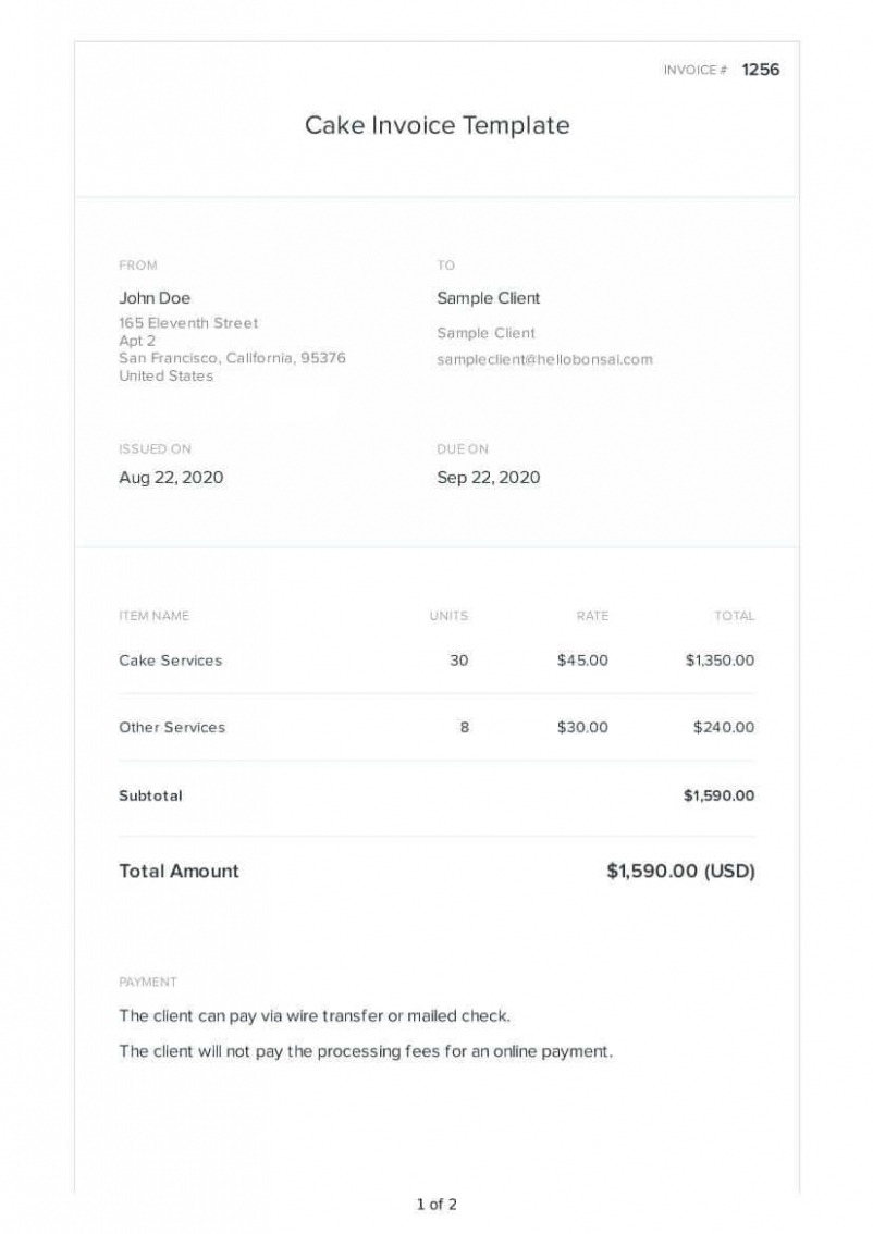 Editable Cake Invoice Template PDF