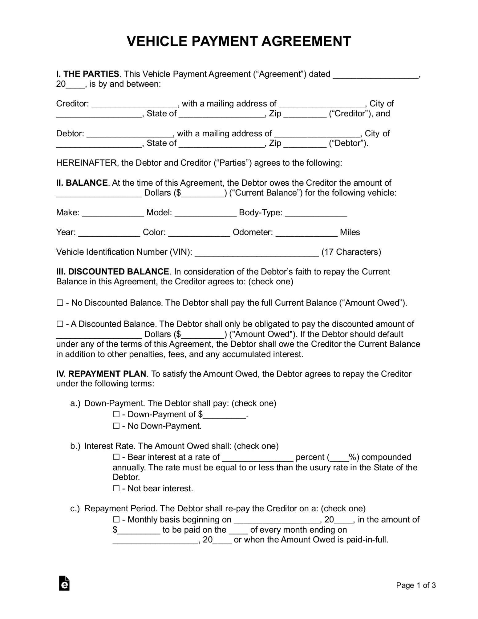 Printable Car Bill Of Sale With Payment Plan Template Excel