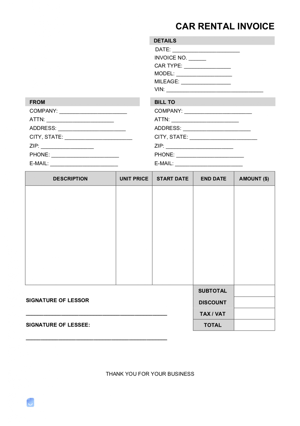 Sample Car Rental Billing Invoice Template Doc