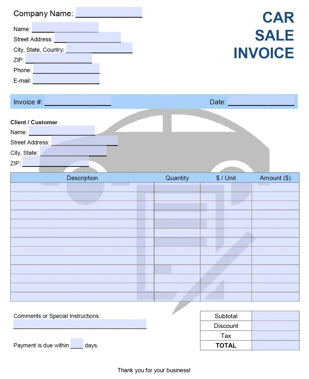 Printable Car Sale Invoice Template 