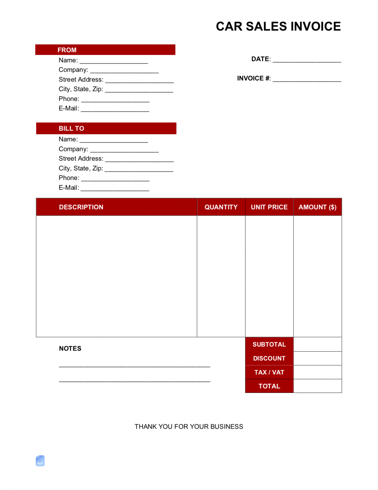 Editable Car Sale Invoice Template 