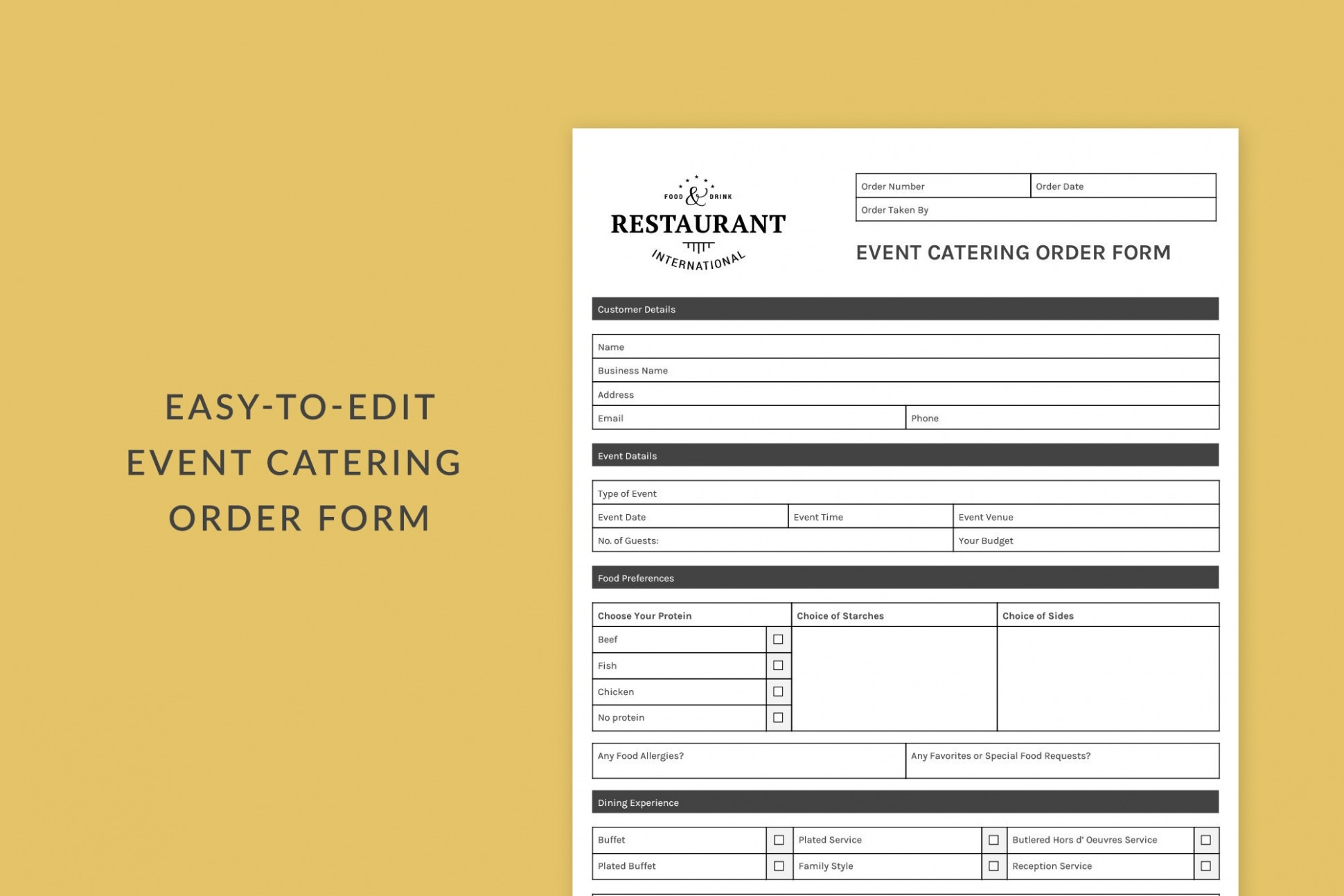 Editable Catering Order Form Template PDF