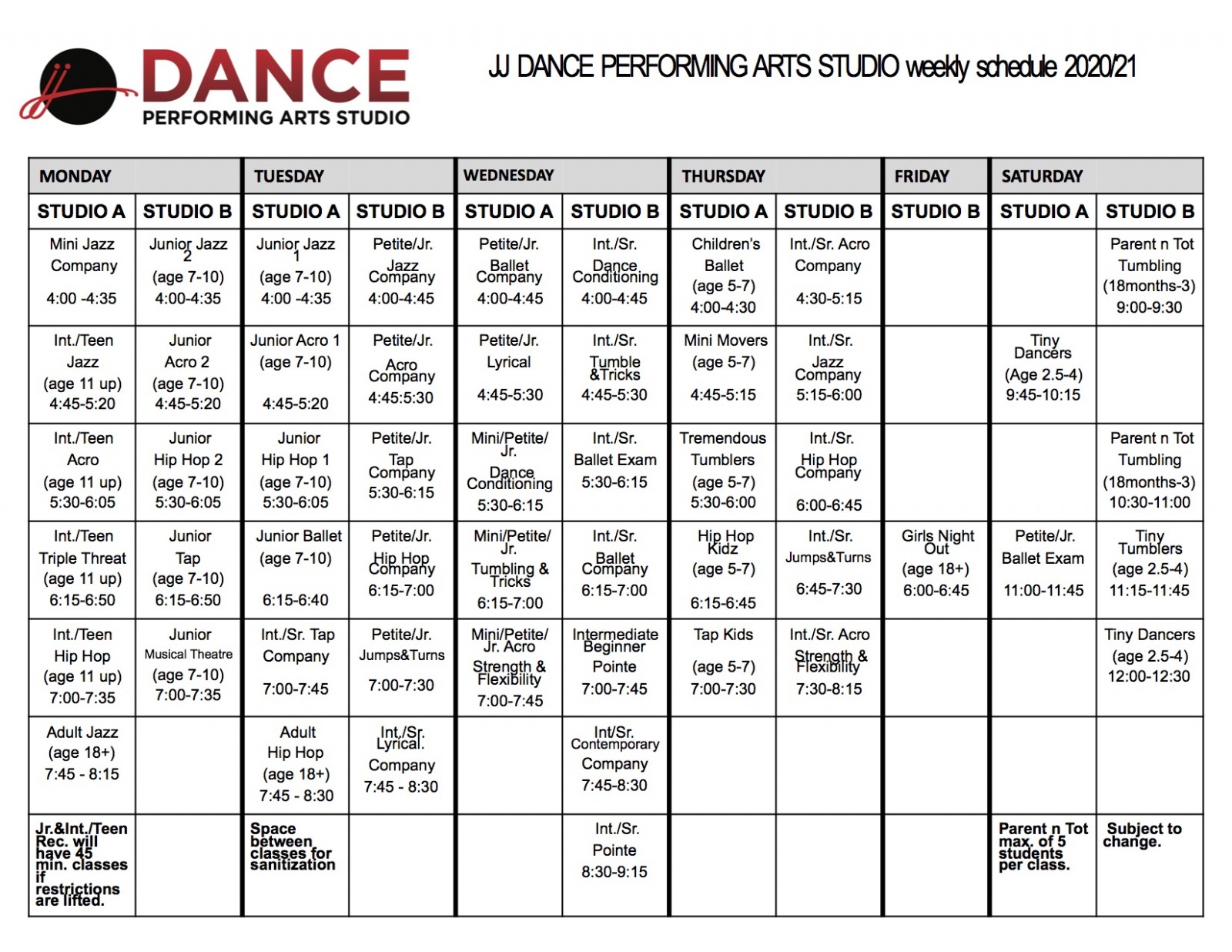  Dance Studio Schedule Template Sample