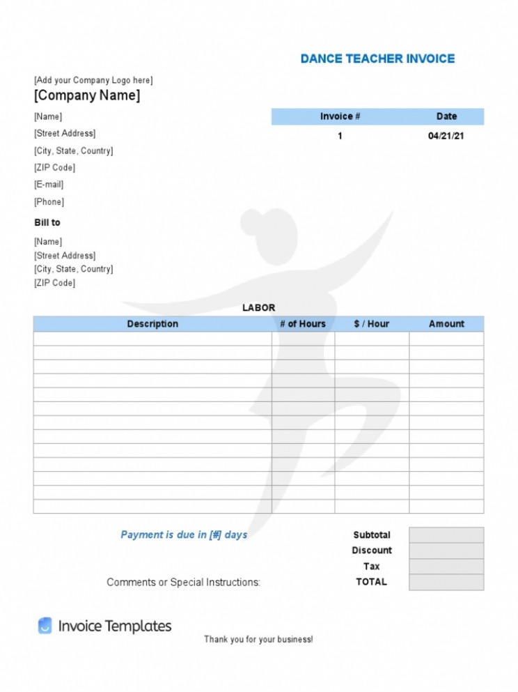 Sample Dance Teacher Invoice Template PPT