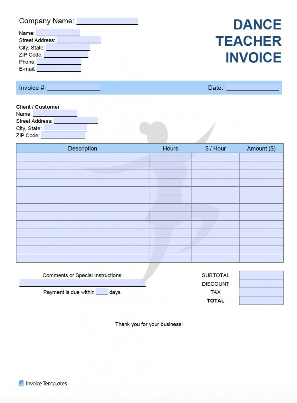 Printable Dance Teacher Invoice Template Docs