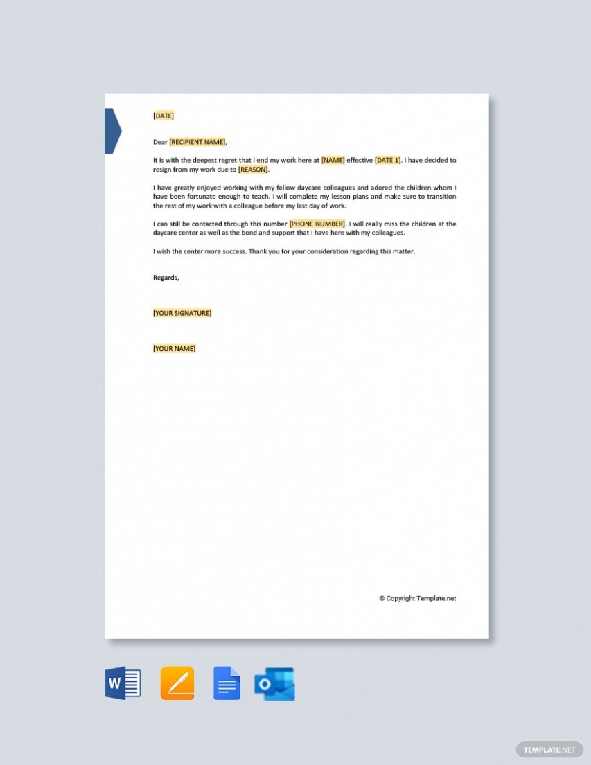Editable Daycare Resignation Letter PDF