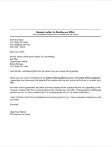 Printable Decline Job Offer Letter Template Excel