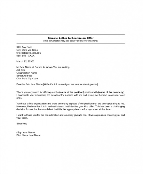 Printable Decline Job Offer Letter Template PPT