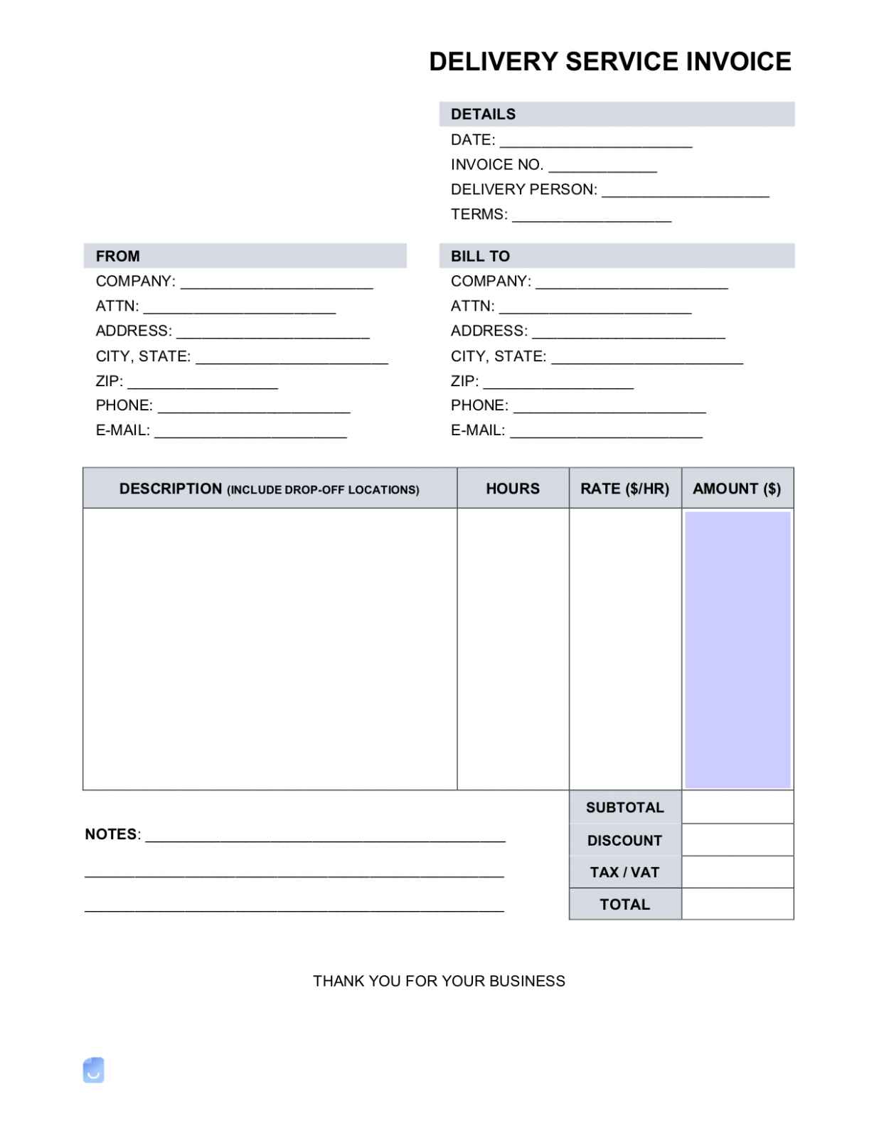 Sample Delivery Service Invoice Template Sample