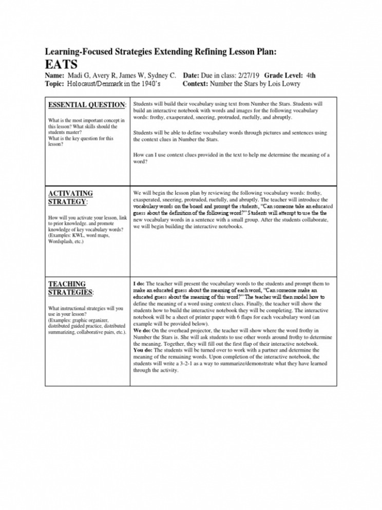  Eats Lesson Plan Template Excel