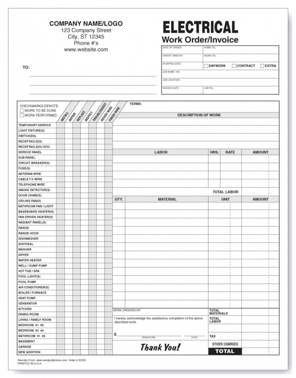 Editable Electrical Work Order Invoice Template Word