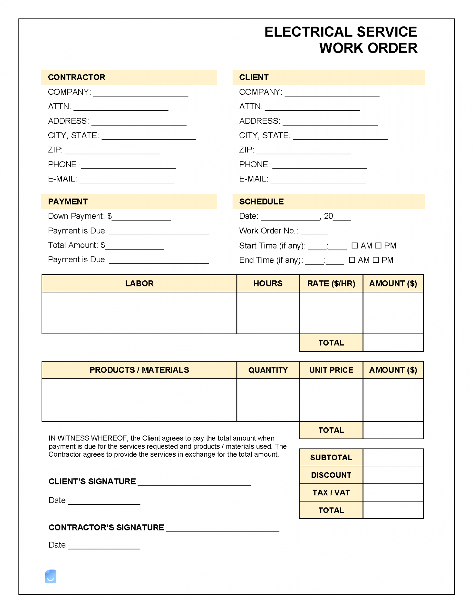 Printable Electrical Work Order Template PDF