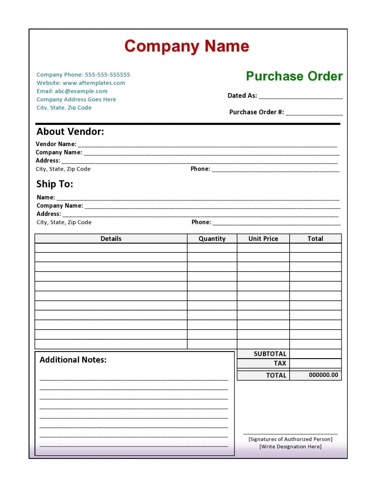 Editable Electronic Purchase Order Template Doc