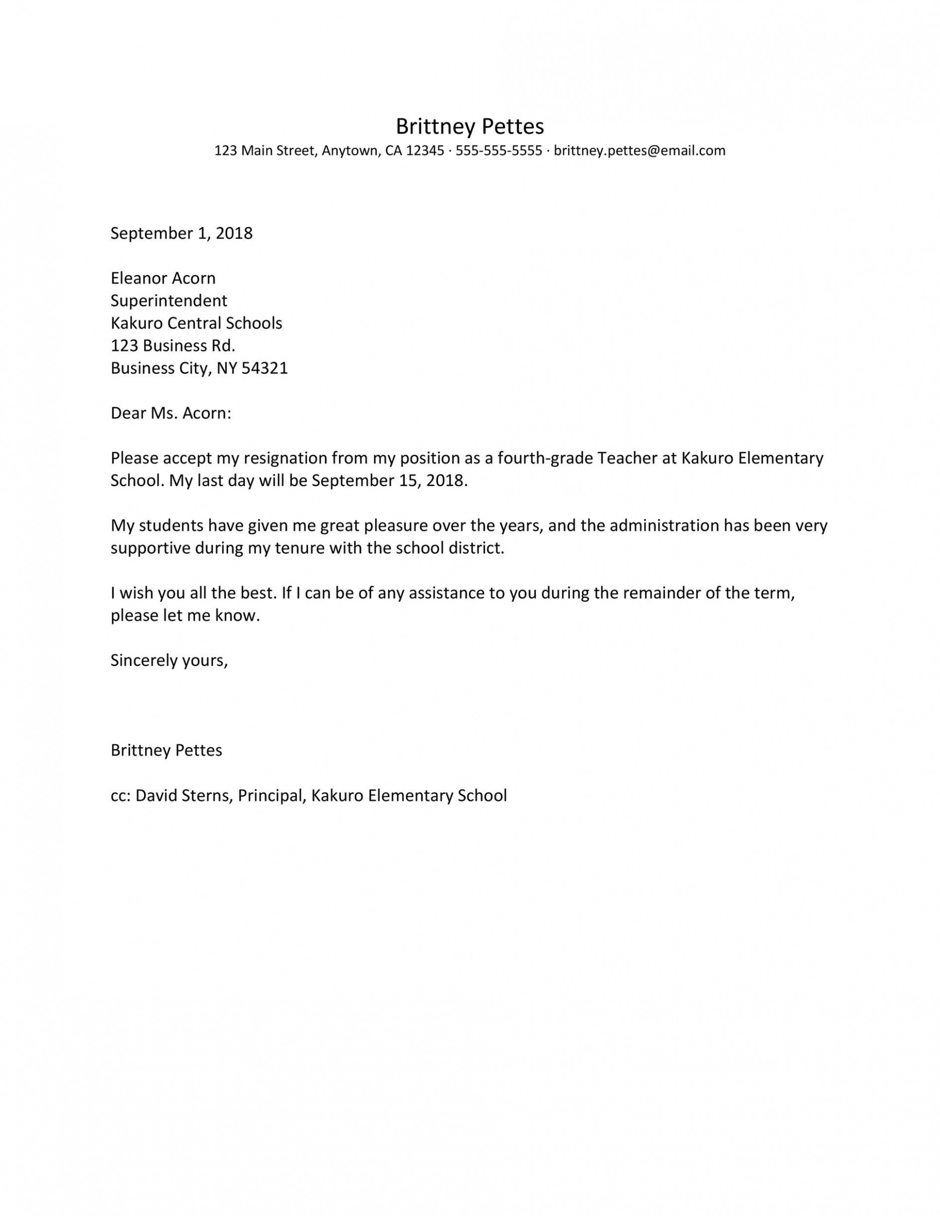 Free Elementary Teacher Resignation Letter Sample