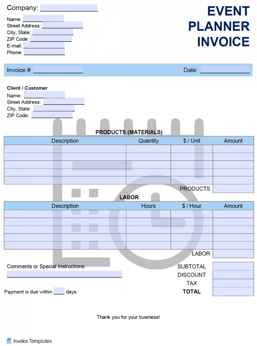 Sample Event Planner Invoice Template Word