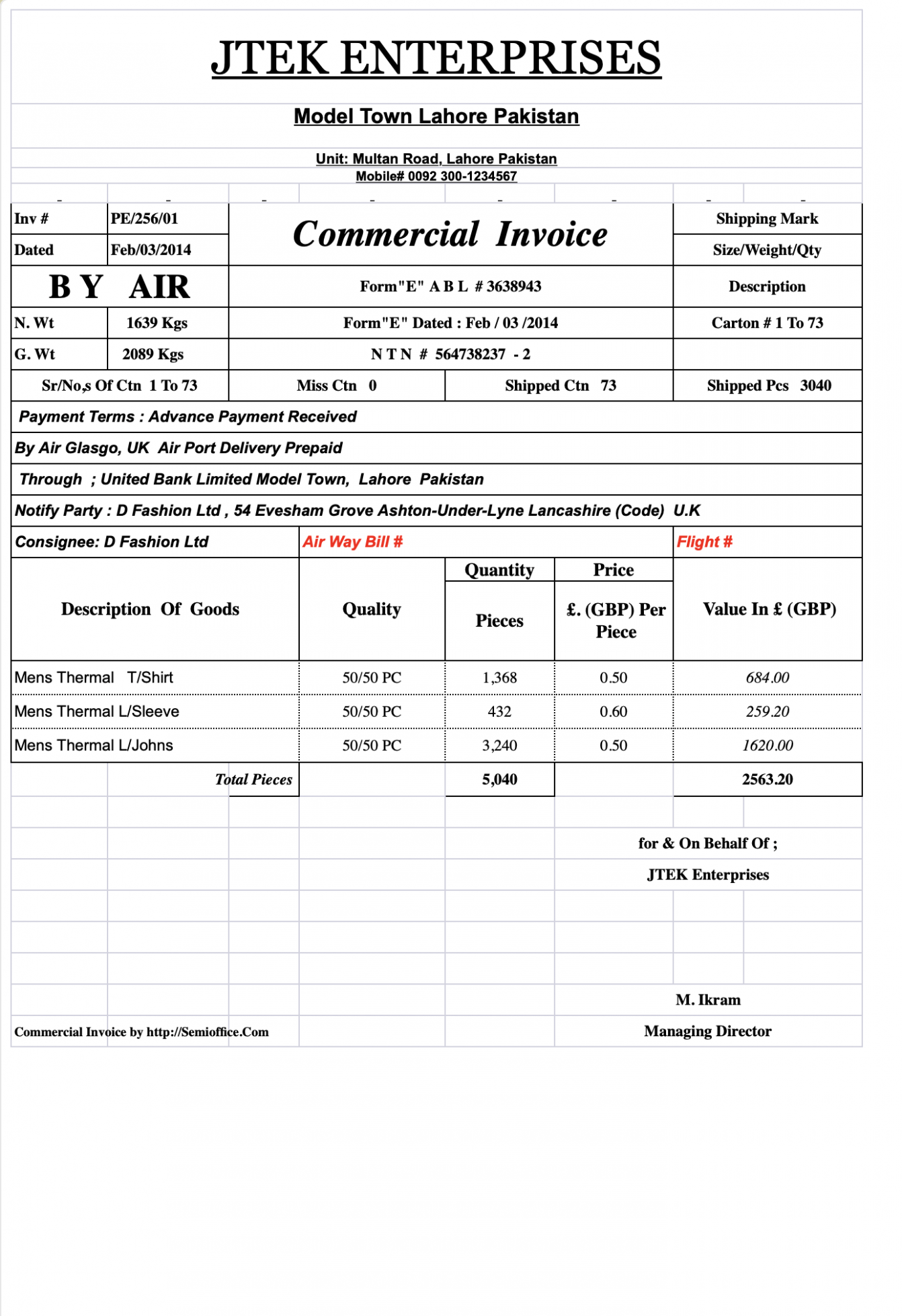 Sample Export Commercial Invoice Template Excel