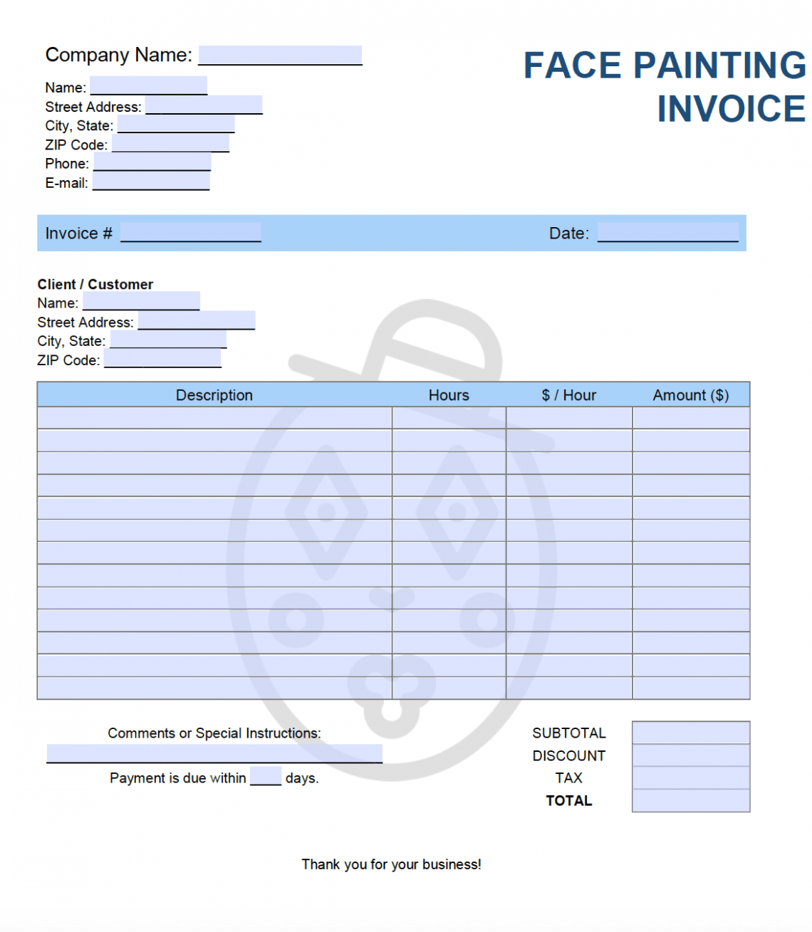 Editable Face Painting Invoice Template Editable Face Painting Invoice Template