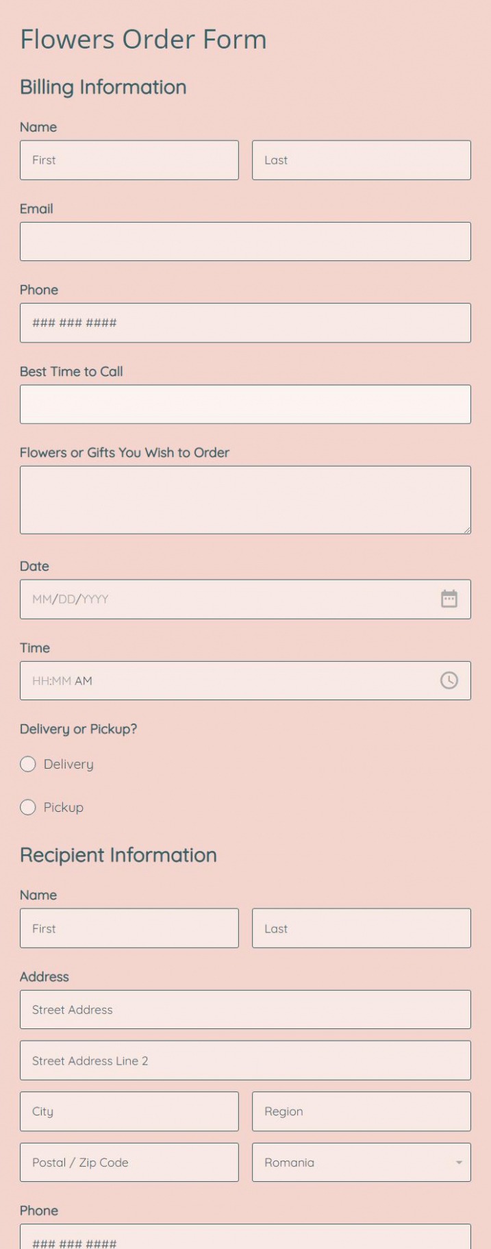 Editable Florist Order Form Template PDF