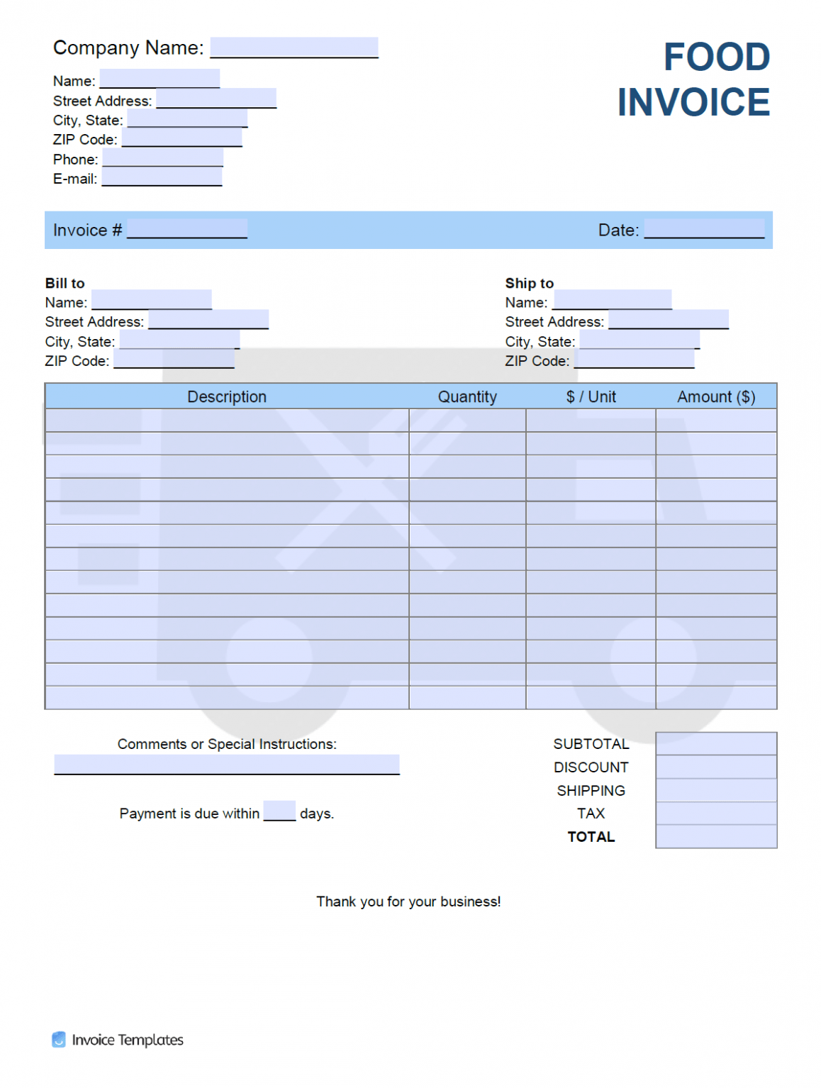 Printable Food Service Company Invoice Template Docs