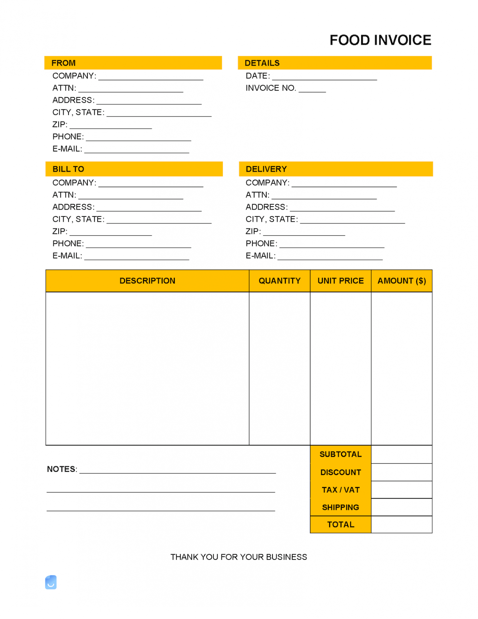 Sample Food Service Company Invoice Template PDF