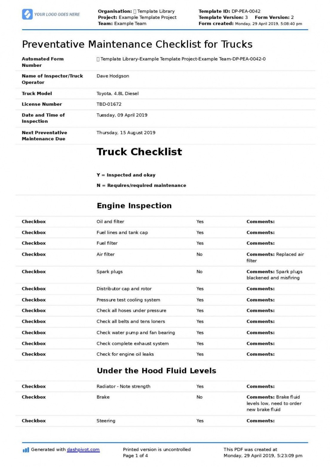 Printable Forklift Maintenance Schedule Template CSV