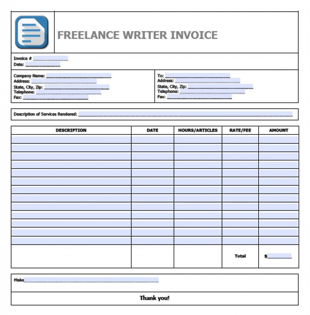 Editable Freelance Writing Invoice Template Sample