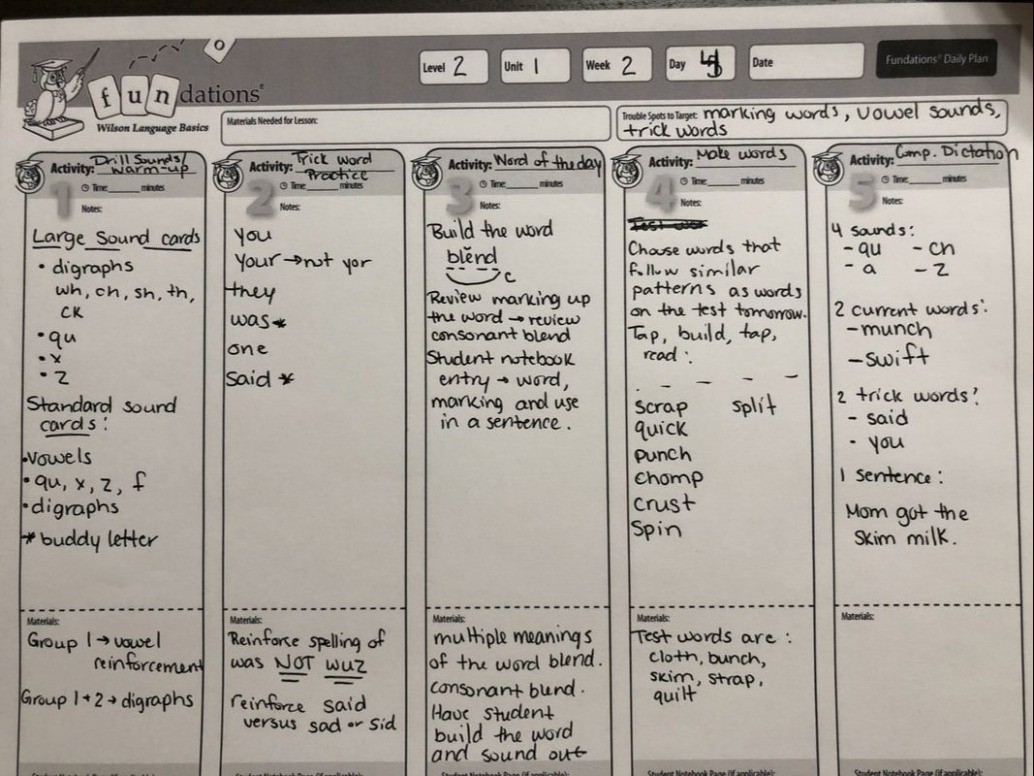 Printable Fundations Daily Lesson Plan Template Sample