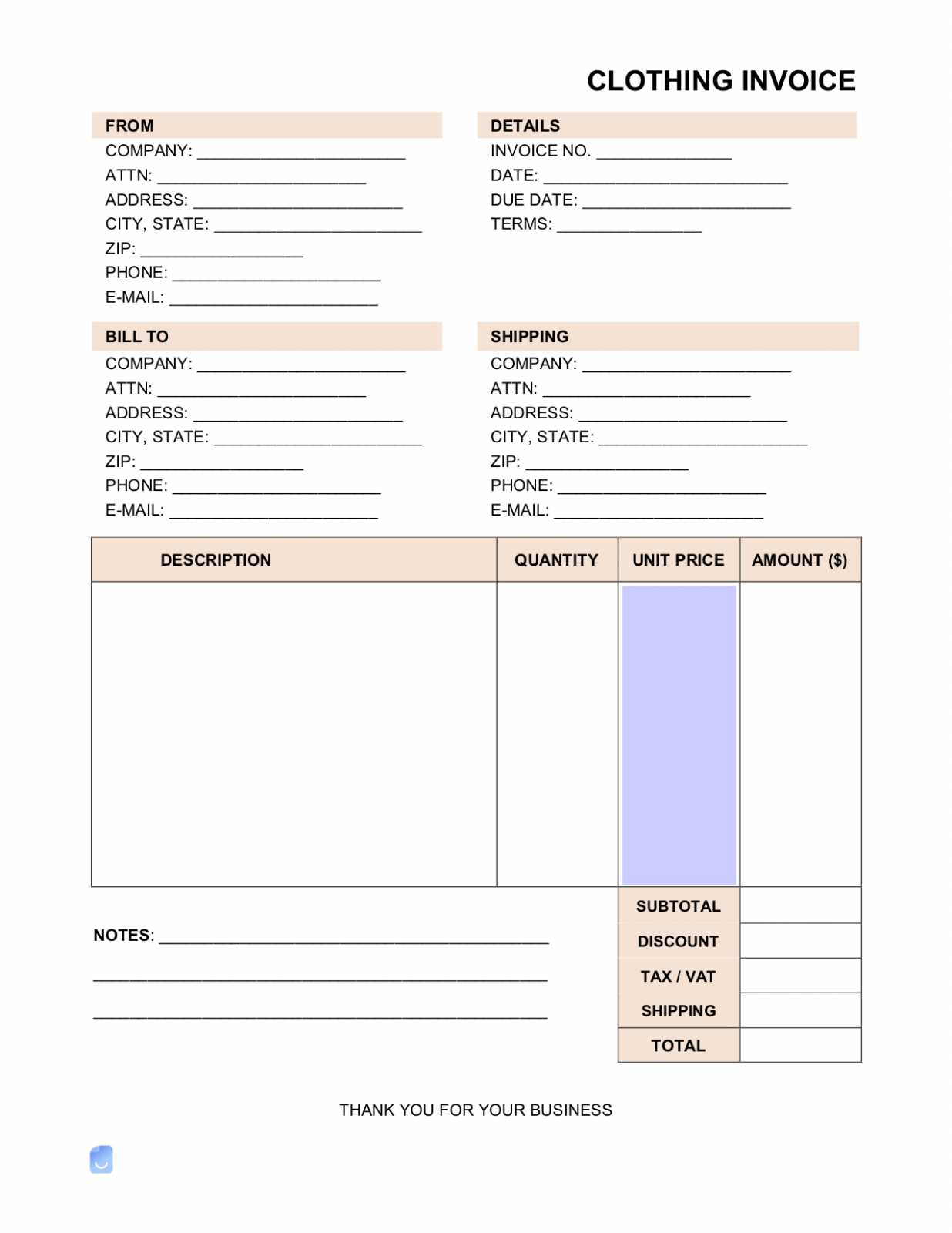 Printable Garments Invoice Template Excel