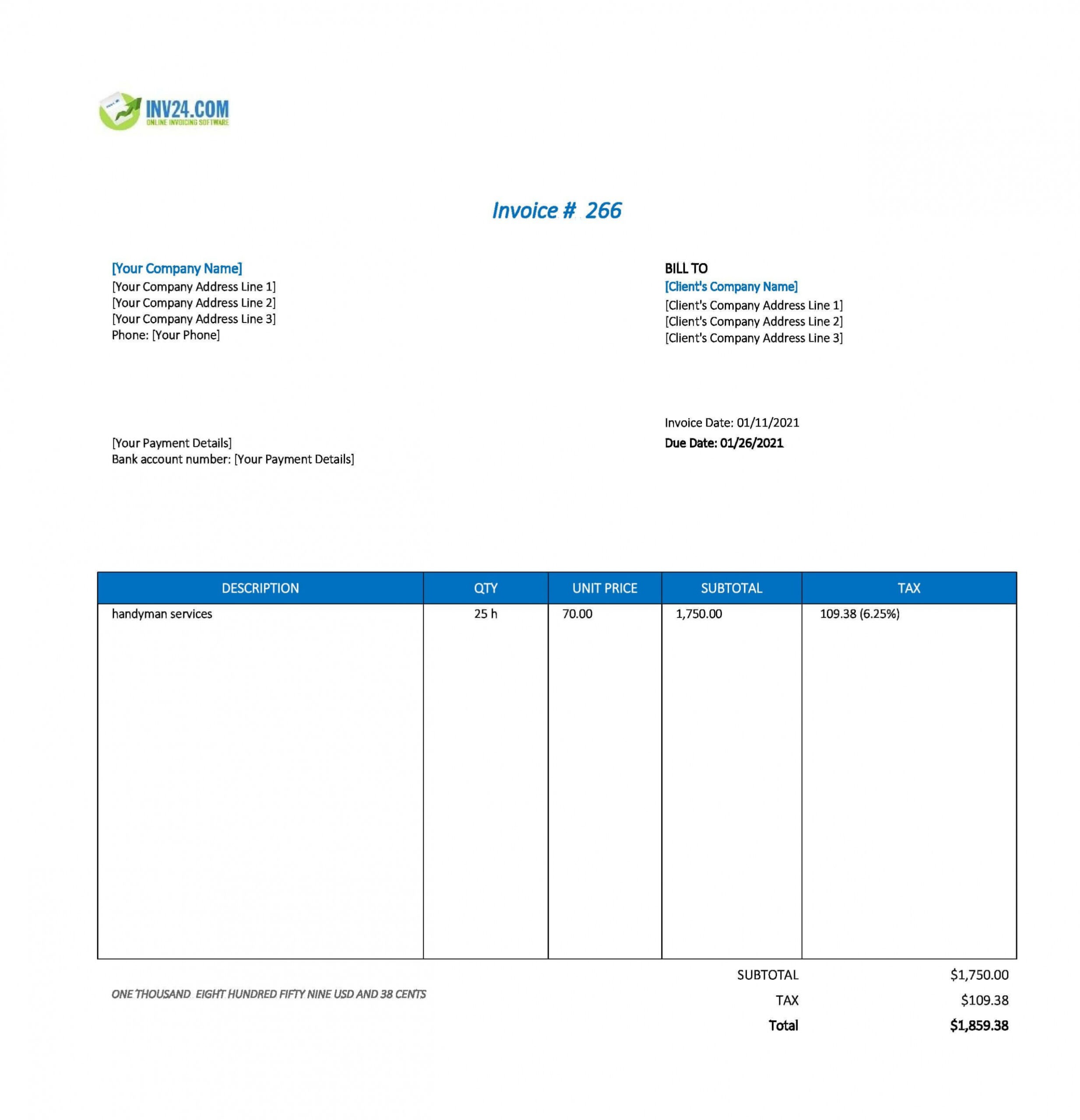 Sample Handyman Invoice Template Excel
