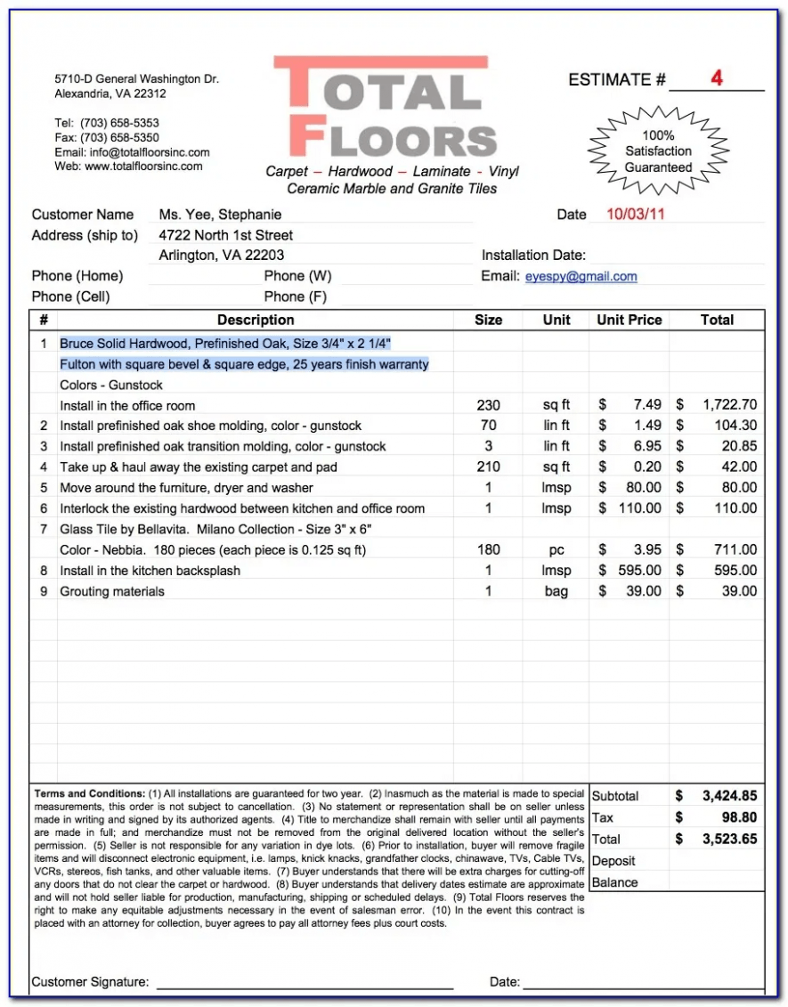 Sample Hardwood Flooring Invoice Template PPT
