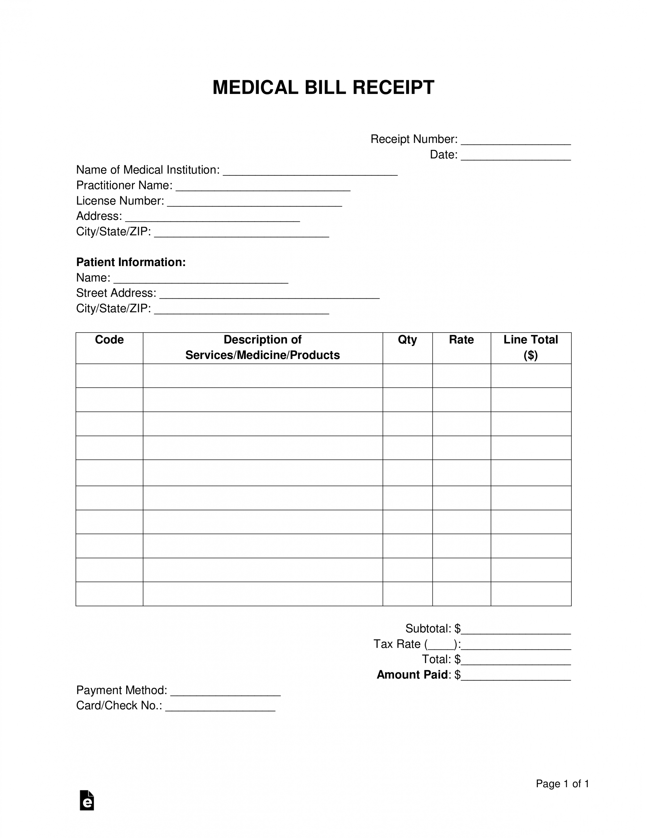 Printable Hospital Billing Invoice Template PDF