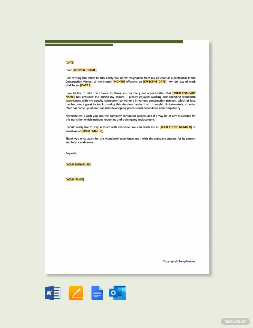 Printable Independent Contractor Resignation Letter Docs