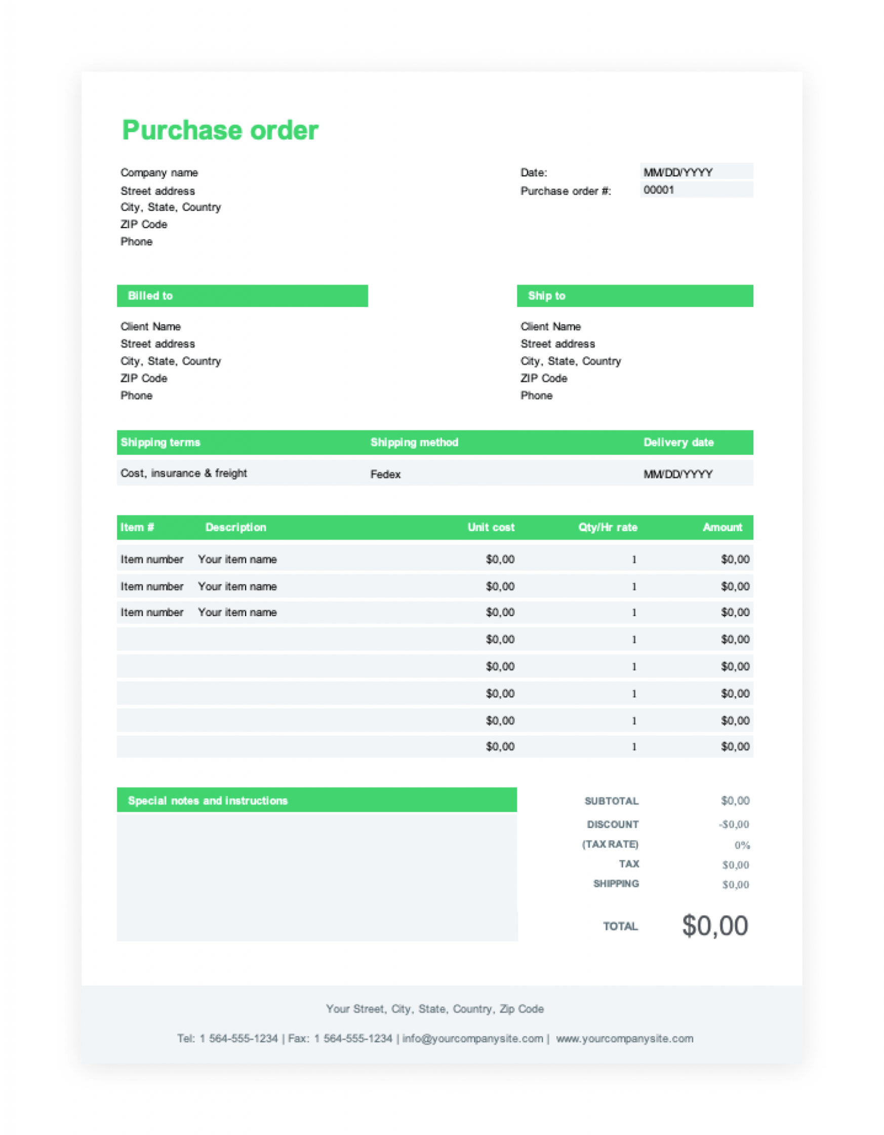 Printable International Purchase Order Template CSV