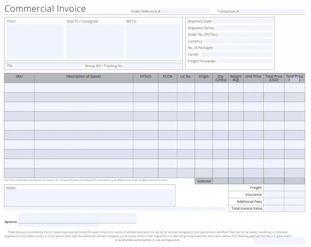 Sample International Shipping Commercial Invoice Template Docs