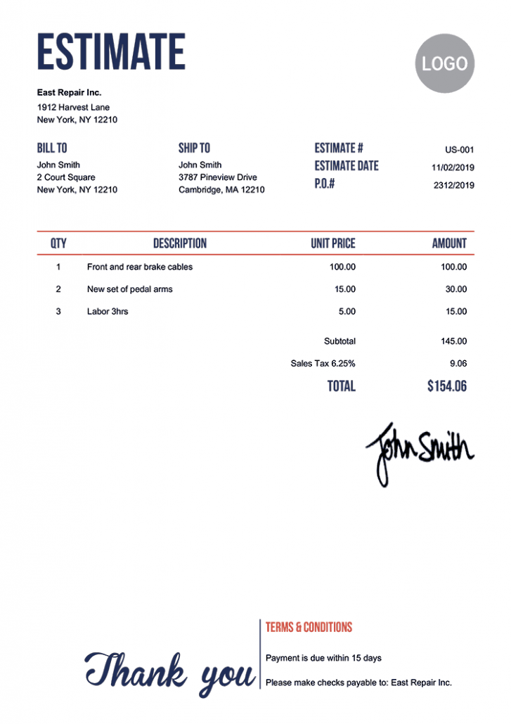 Printable Invoice And Estimate Template 